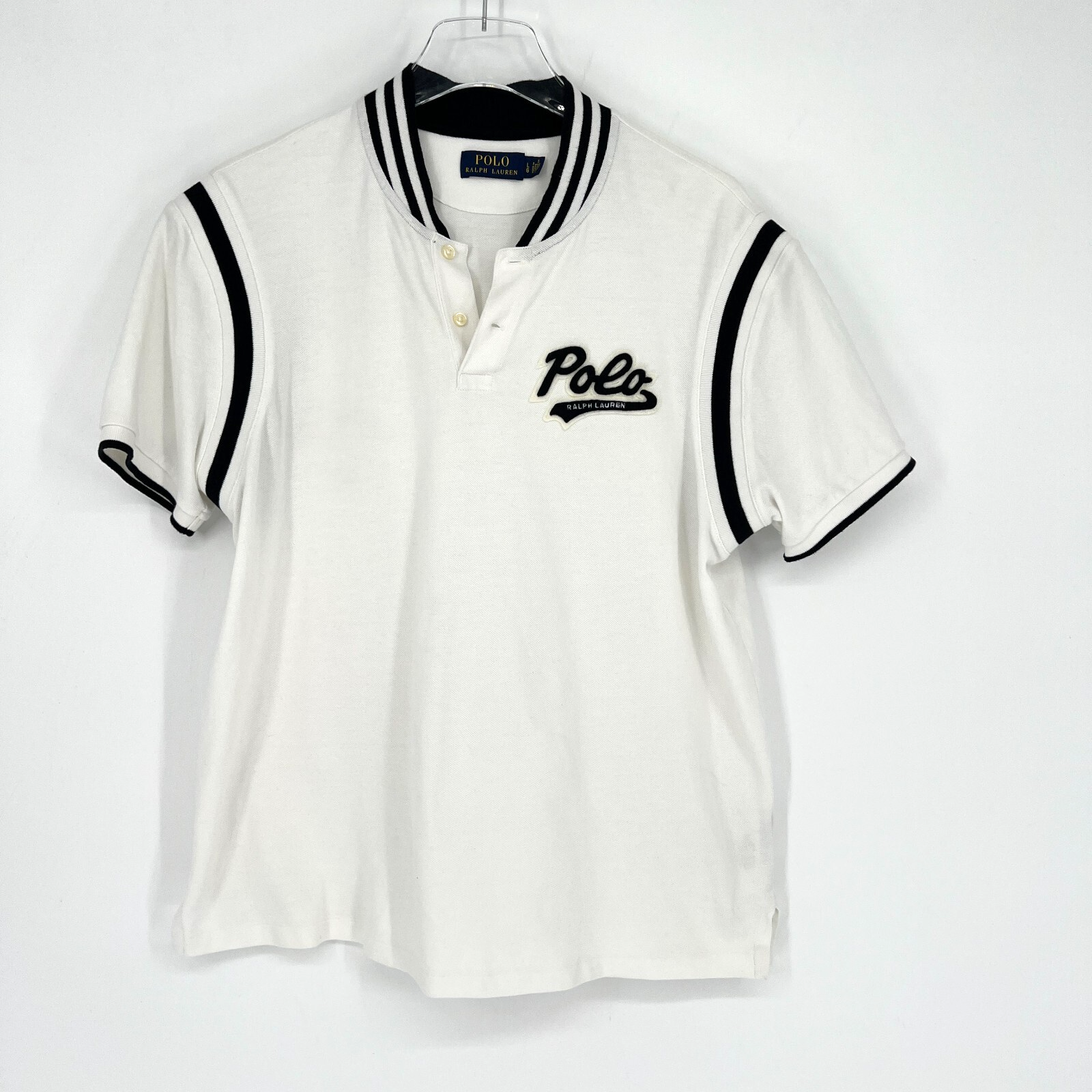 Polo Ralph Lauren Top Mens L Logo Preppy Varsity Bubble Script White Classic